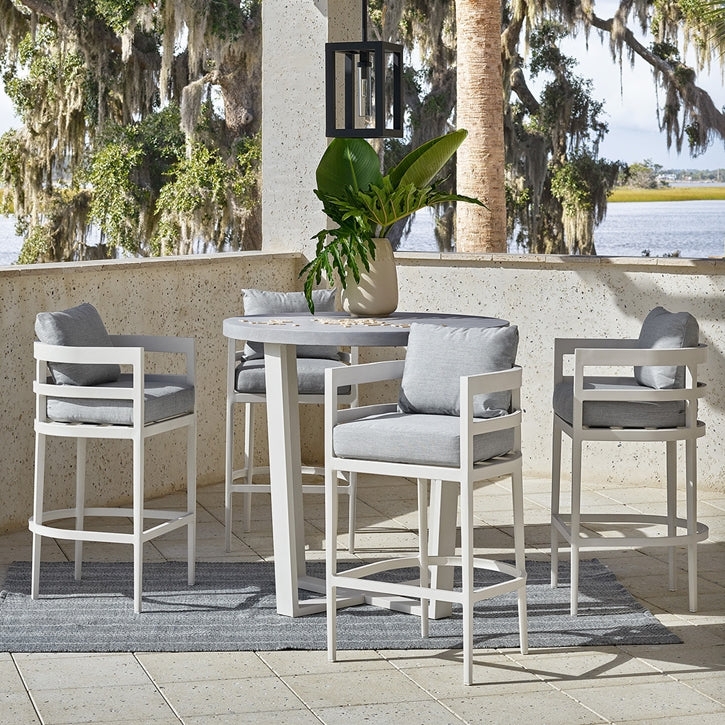 Outdoor Barstool with Pale Blue Quilted Sling Seat and Arms