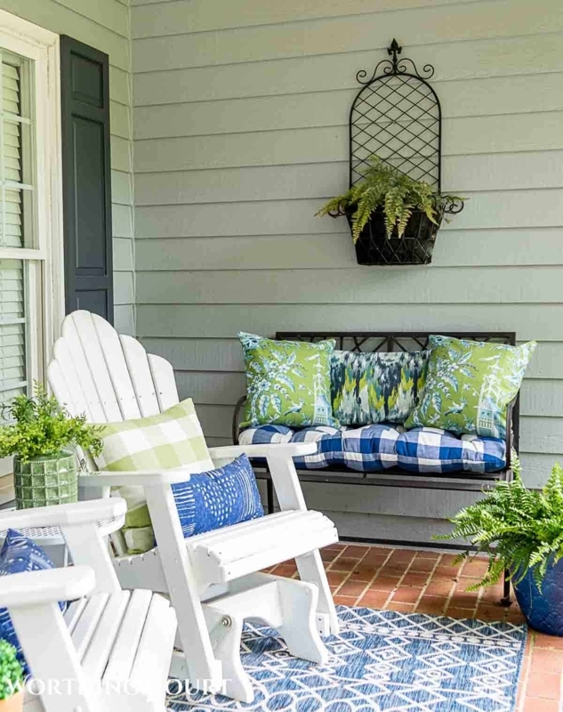 Outdoor Bench White Slat Back with Fern Accents Coastal Cottage Style