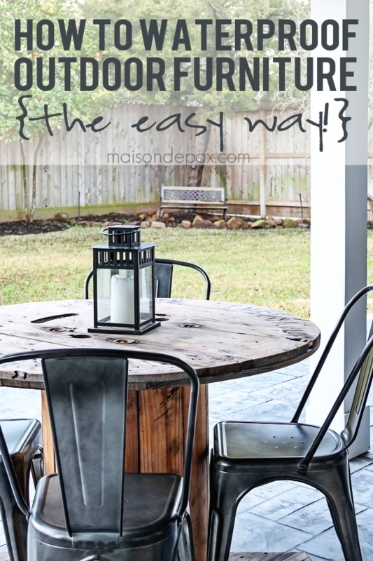 Outdoor Bench Wood-Toned White Cushions Slatted Back Farmhouse Patio