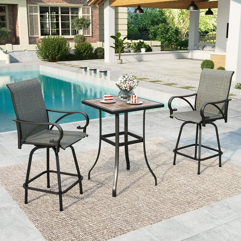 Outdoor Bistro Set featuring Swivel Bar Stools with Slatted Curved Backs
