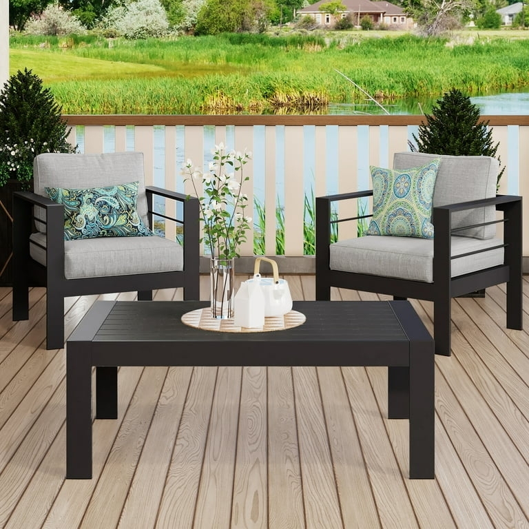Outdoor Coffee Table Matte Black Slatted Top Block Legs Modern