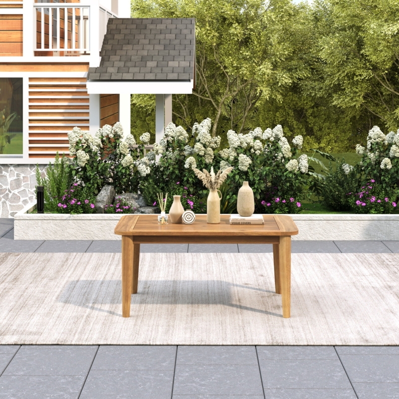 Outdoor Coffee Table Slatted Top Tapered Legs Circular Form Wood