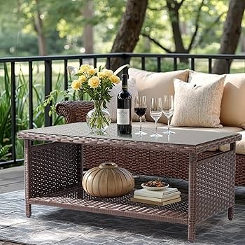 Outdoor Coffee Table Wicker Tempered Glass Top with Storage Shelf