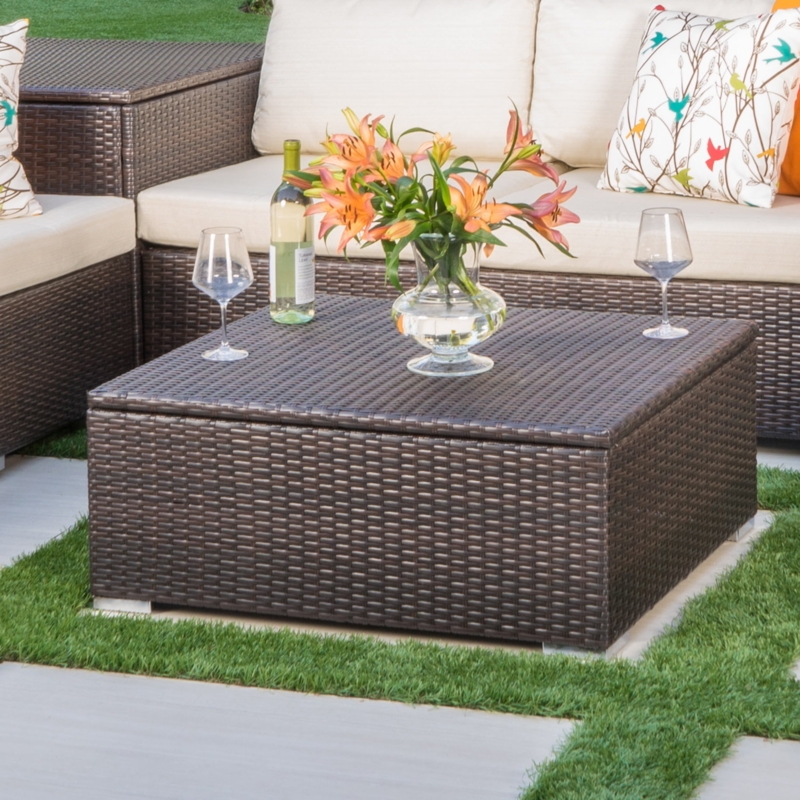 Outdoor Coffee Table Woven Wicker with Hidden Storage Espresso Brown
