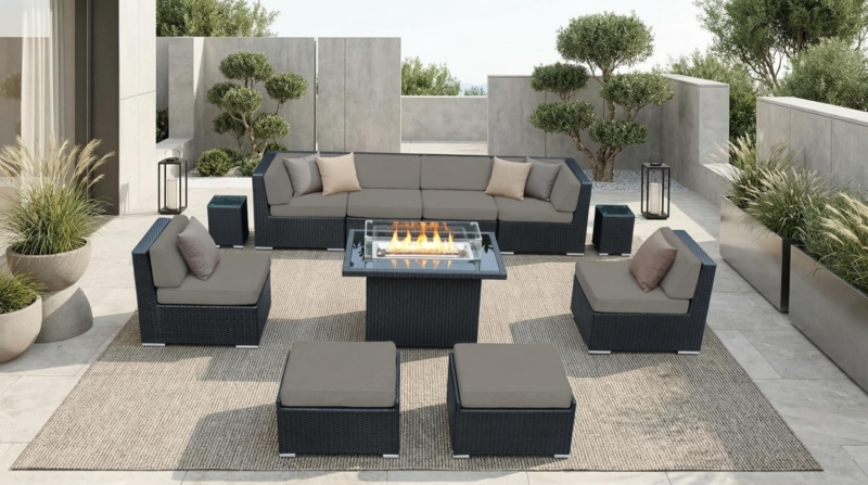 Outdoor Conversation Set Black Wicker 11-Piece Fire Table Set