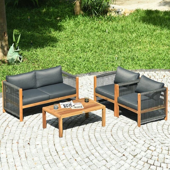 Outdoor Conversation Set Slatted Wood Charcoal Scandinavian Style