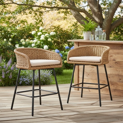 Outdoor Counter Stool set includes removable cushions, rope back. (67)