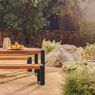 Outdoor Dining Set 10-Person Capacity Slatted Wood and Industrial Metal