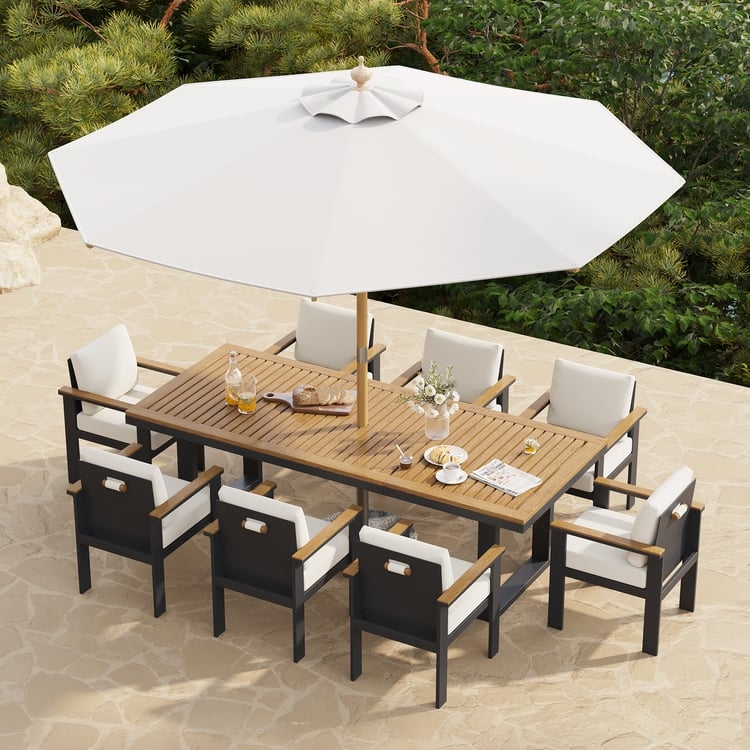 Outdoor Dining Set 10 Piece Slatted Wood Top Dark Aluminum Umbrella