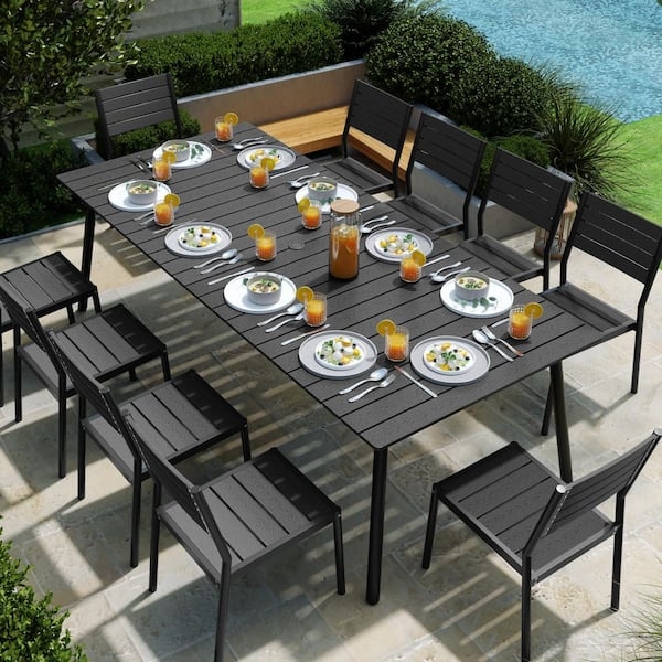 Outdoor Dining Set 11 Piece Wood Look Aluminum Black Frame Slat Top