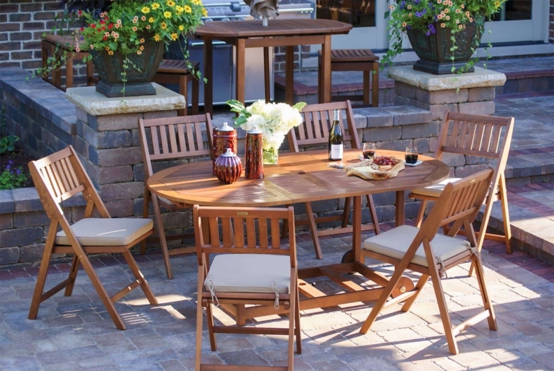 Outdoor Dining Set 7 Piece Oval Folding Table Wood Toned