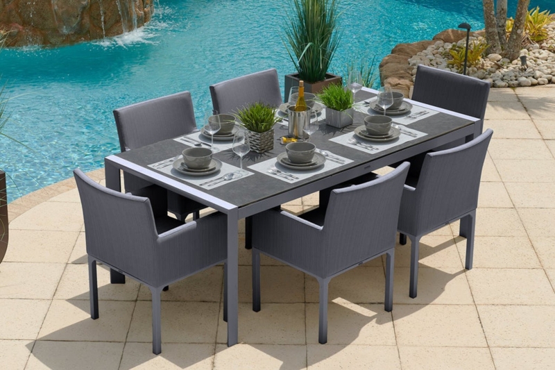 Outdoor Dining Set 7 Piece Slatted Frame Upholstered Armchairs Patio