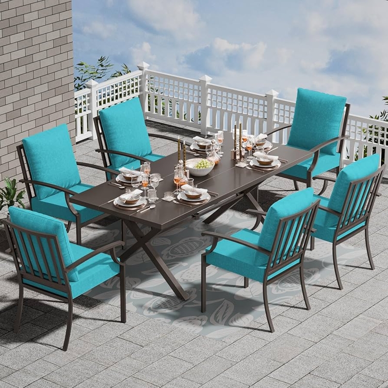 Outdoor Dining Set 7-Piece Teal Slatted Table Umbrella Hole