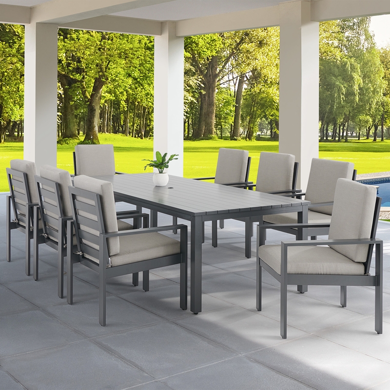 Outdoor Dining Set 9-Piece Slate Grey Slat Top Table with Cushions