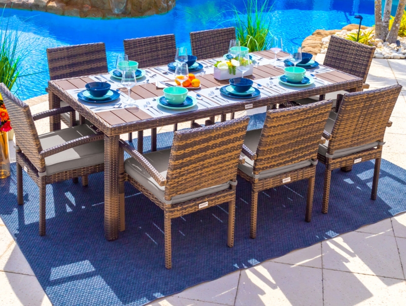 Outdoor Dining Set 9-Piece Slatted Table Upholstered Armchairs Metal