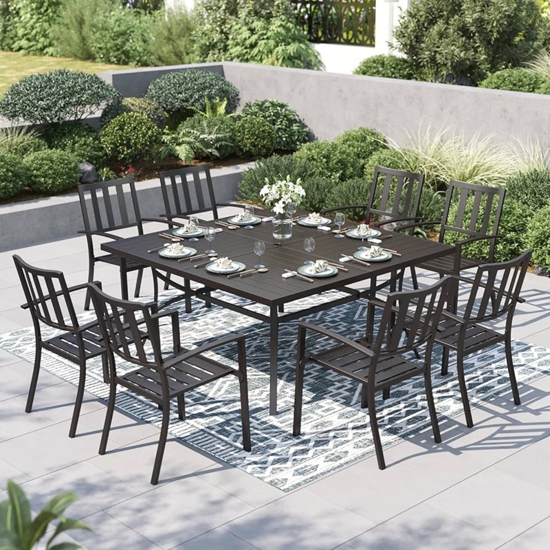 Outdoor Dining Set 9 Piece Square Black Metal Slatted Table Deck Ready