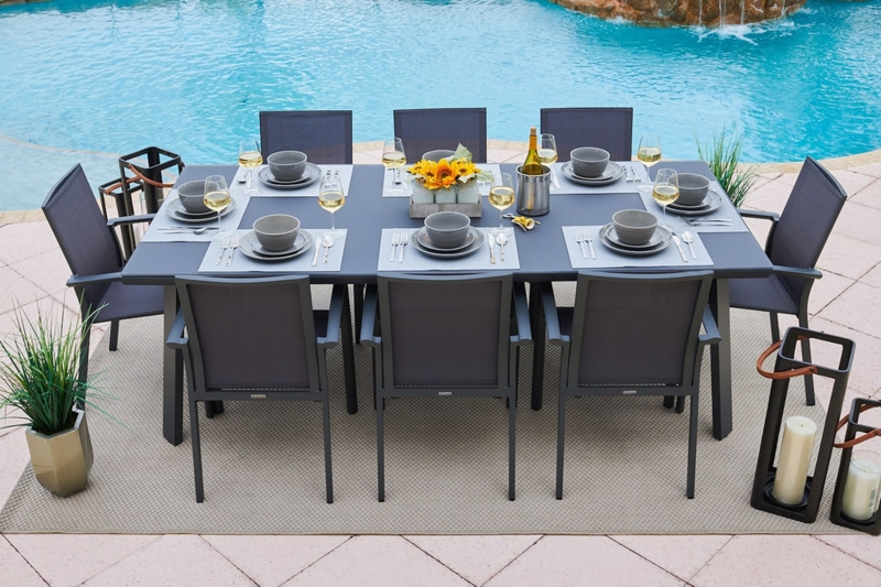 Outdoor Dining Set 9 Piece Wood Slat Accents Metal Frame Patio