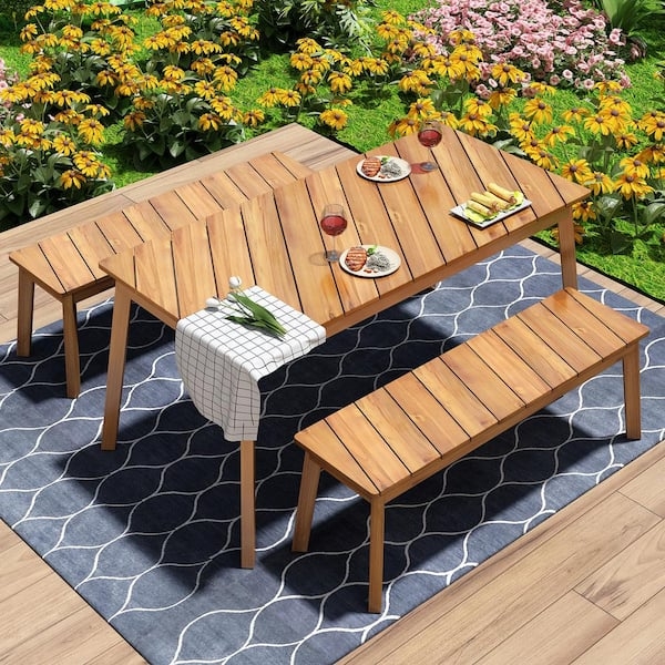 Outdoor Dining Set Acacia Wood X Frame Base Rustic Patio Picnic Set