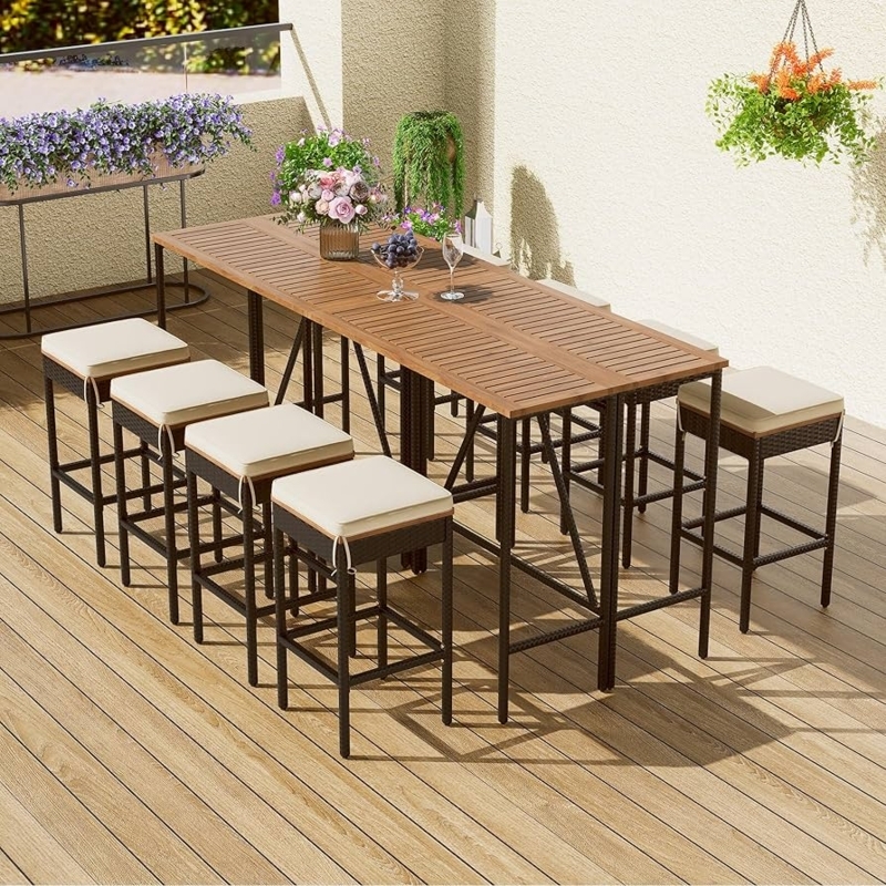 Outdoor Dining Set Bar Height Woven Rattan 8 Stools with Cushions