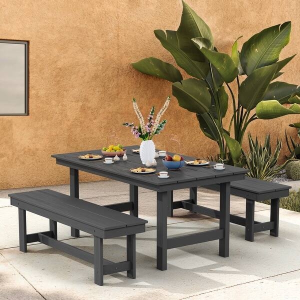 Outdoor Dining Set Black HDPE Lumber Umbrella Hole Slatted