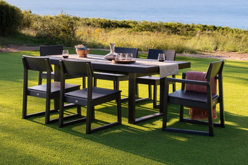 Outdoor Dining Set Charcoal Frames Slatted Back White Cushions