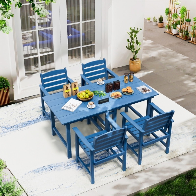 Outdoor Dining Set Cobalt Blue Synthetic Wood Coastal Slat Back 5-Piece