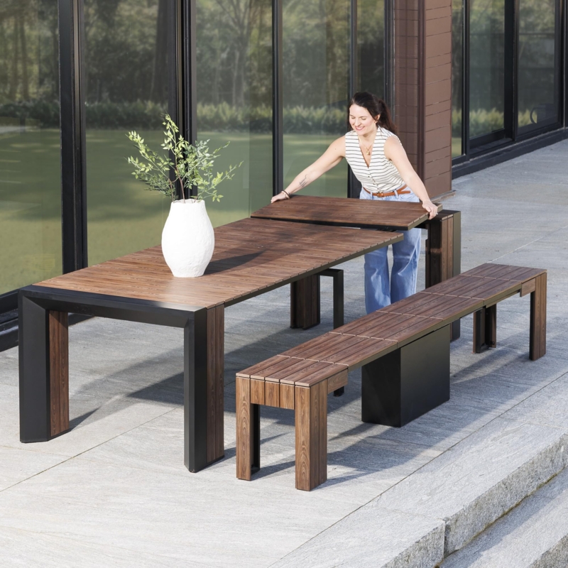 Outdoor Dining Set Extendable Dark Walnut Table with Matching Benches