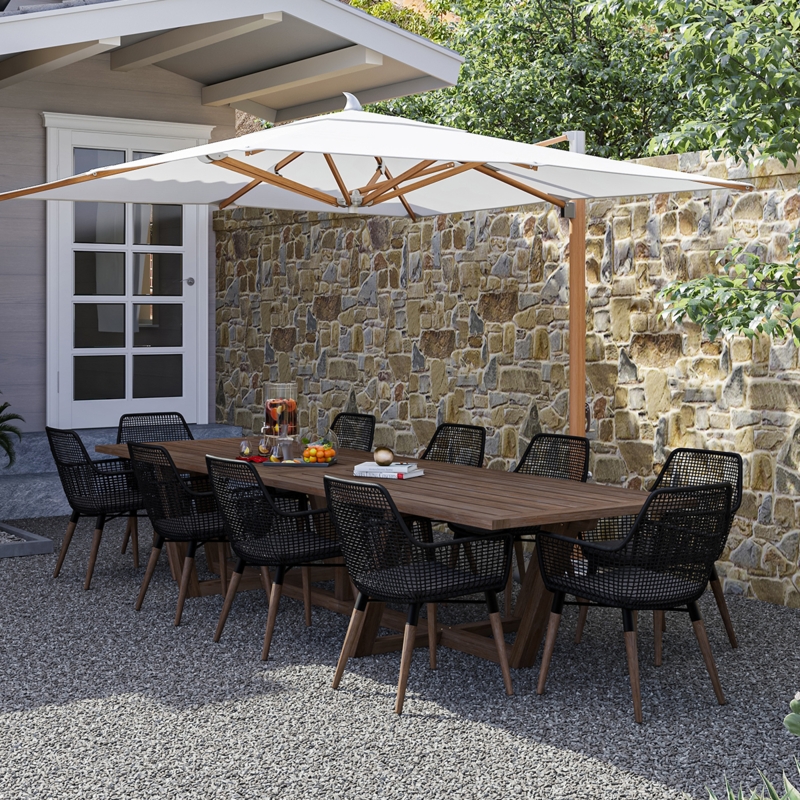 Outdoor Dining Set featuring Woven Armchairs and Slat Top Table