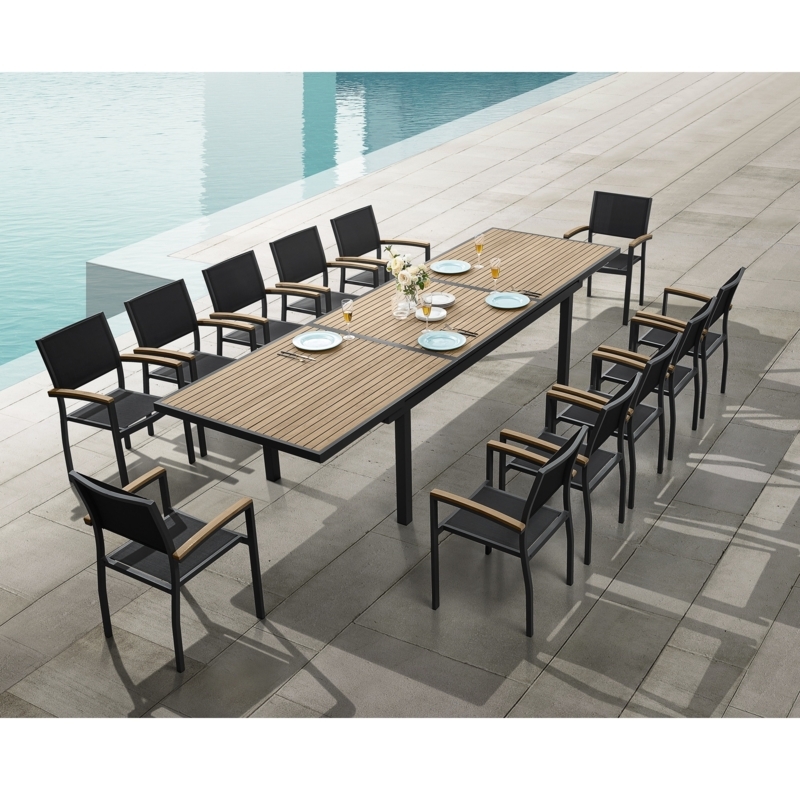 Outdoor Dining Set for 12 Charcoal Wood Slatted Top Industrial Style