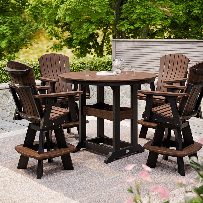 Outdoor Dining Set High-Back Swivel Chairs Round Poly Lumber Table