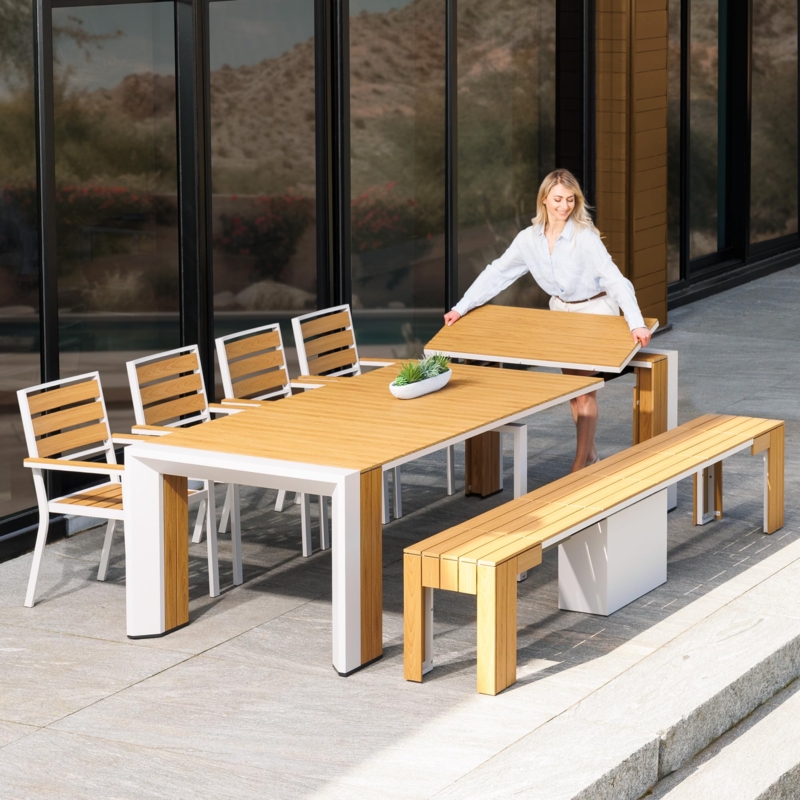 Outdoor Dining Set Light Oak Finish Extendable Mechanism Bench