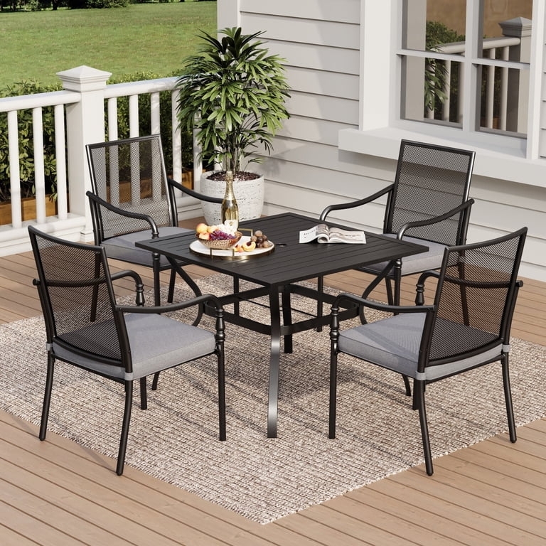 Outdoor Dining Set Mesh Back Chairs with Charcoal Gray Cushions