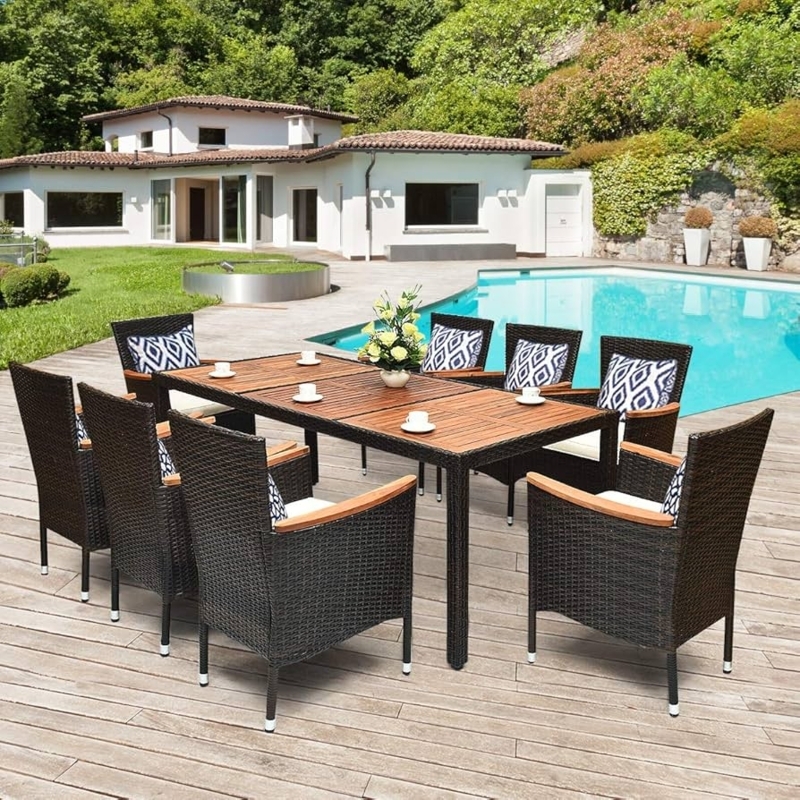Outdoor Dining Set Mixed Material Wicker-Like Chairs Wood Slatted Top