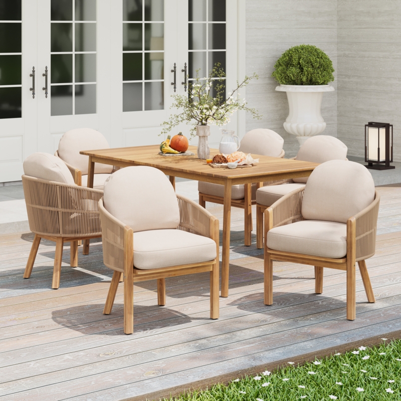 Outdoor Dining Set: Modern Coastal, Rope-Wrapped Chairs & Slatted Table