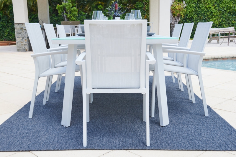 Outdoor Dining Set Nine Piece Set Metal Frames Slatted Contemporary