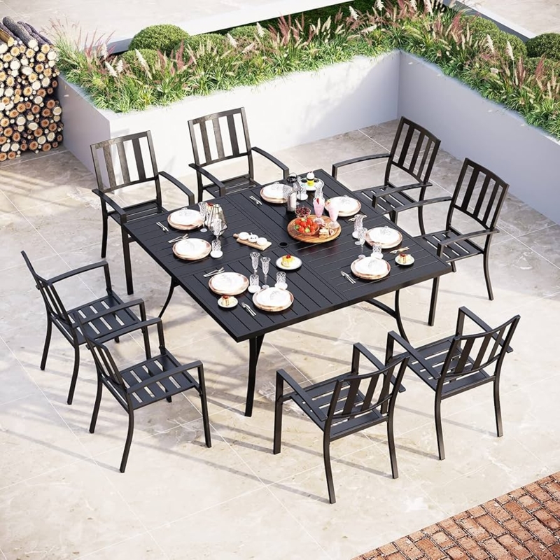 Outdoor Dining Set Nine Piece Square Table Black Metal Patio