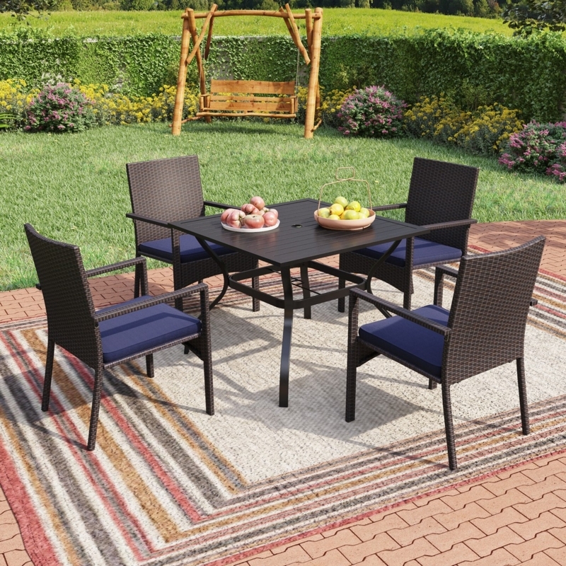 Outdoor Dining Set Rattan Cane Chairs Cream Cushions Metal Table
