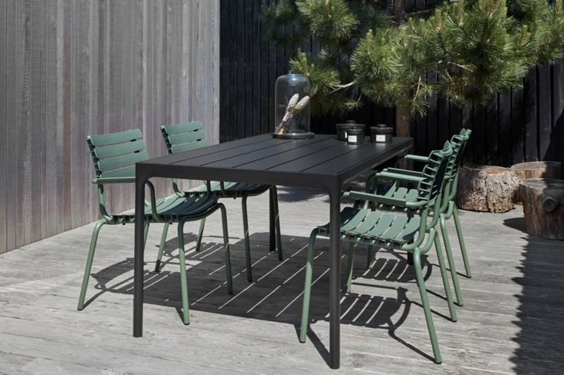 Outdoor Dining Set Round Bamboo Table Slat Back Metal Chairs