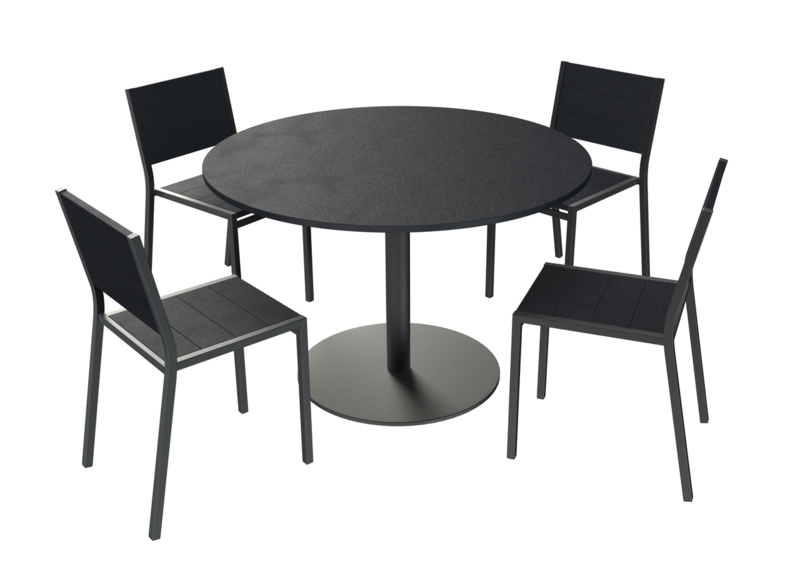 Outdoor Dining Set Round Table Slat Back Chairs Minimalist