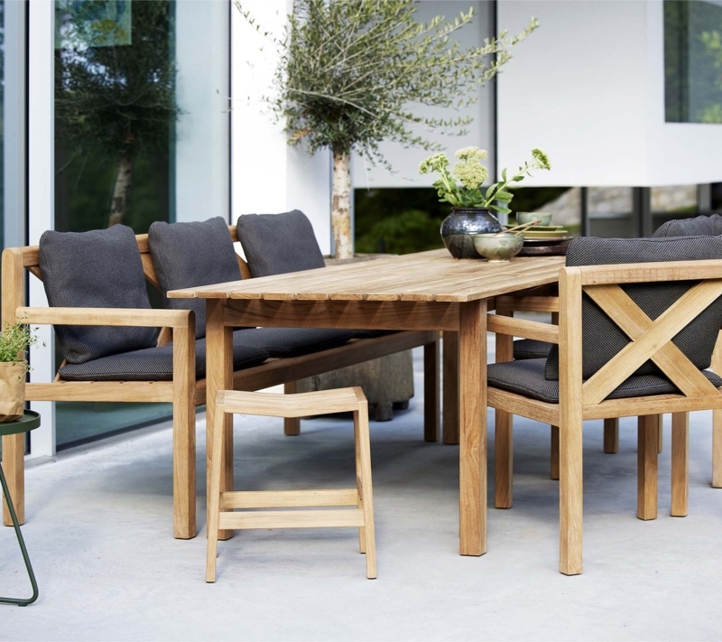 Outdoor Dining Set Slatted Wood Bench Woven Chair Backs Metal Frame