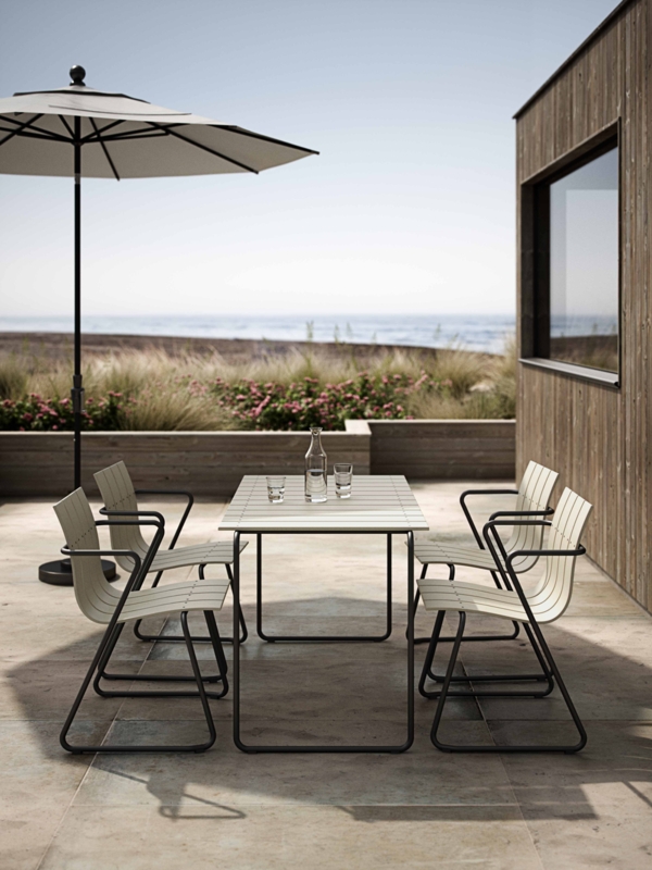 Outdoor Dining Set Slatted Wood Top Curved Back Chairs Open Frame