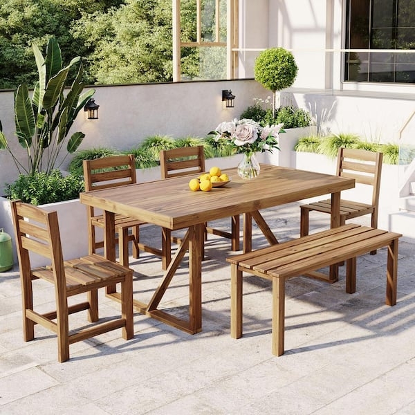 Outdoor Dining Set Slatted Wood Umbrella Hole Urban Balcony
