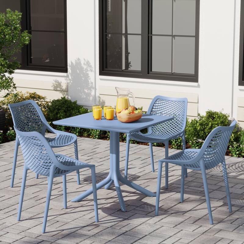 Outdoor Dining Set Square Honey Wood Tone with Grey Fabric Cushions