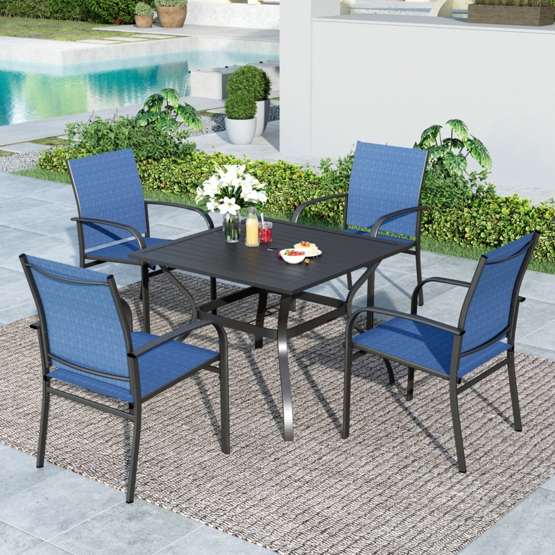 Outdoor Dining Set Square Metal Table with Blue Mesh Seating