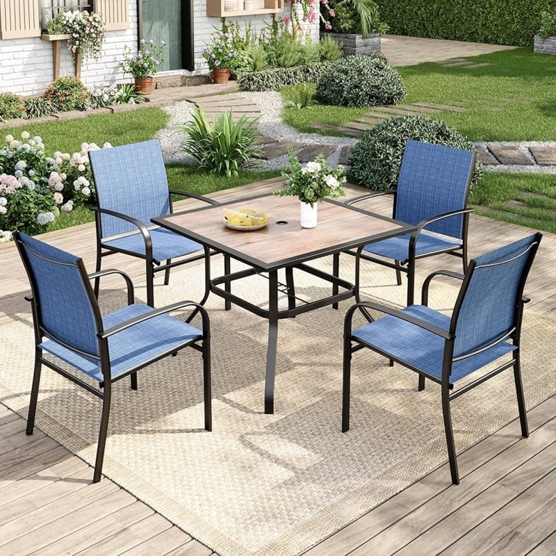 Outdoor Dining Set Square Wood-Like Slats Table with Blue Mesh Chairs