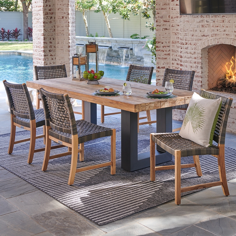Outdoor Dining Set Teak Table Driftwood Wicker Modern Coastal