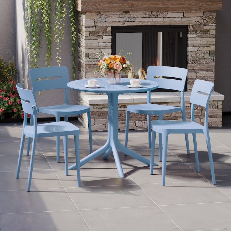 Outdoor Dining Set Turquoise Geometric Chairs Round Wood-Look Table