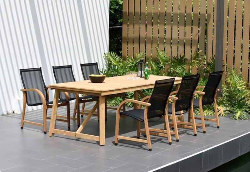 Outdoor Dining Set Warm Wood Black Sling Chairs Slatted Contemporary