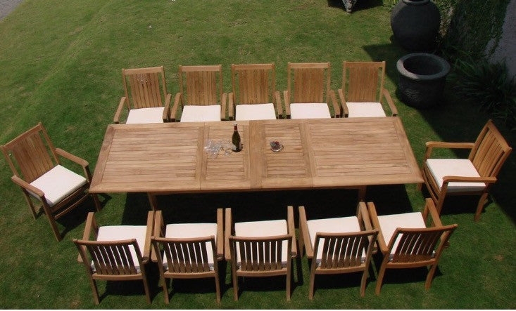 Outdoor Dining Set Warm Wood Teak Look Twelve Chair Set
