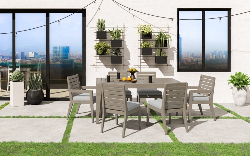 Outdoor Dining Set Weathered Gray Finish Thick Block Legs